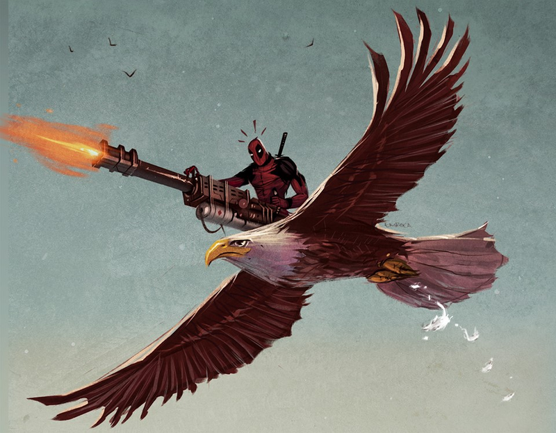 Illustration for article titled Our favorite art of the day: tiny Deadpool flying on an eagle